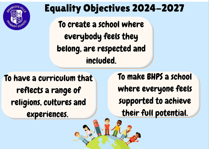 Equality Objectives 2024-2027 To create a school where everybody feels they belong, are respected and included. To have a curriculum that reflects a range of religions, cultures and experiences. To make BHPS a school where everyone feels supported to achieve their full potential.
